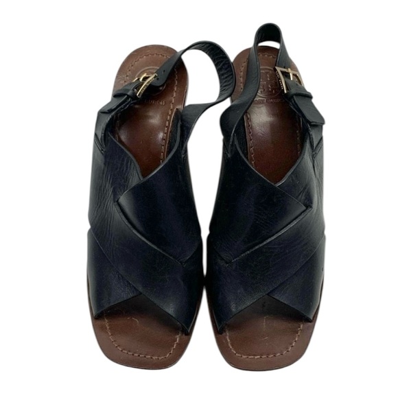 Tory Burch Bleeker Black Leather Slingback Heel Sandals - Picture 2 of 4